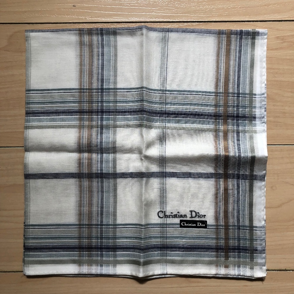New Christian Dior Handkerchief Pocket Square Bandana Cotton Plaid Ivory